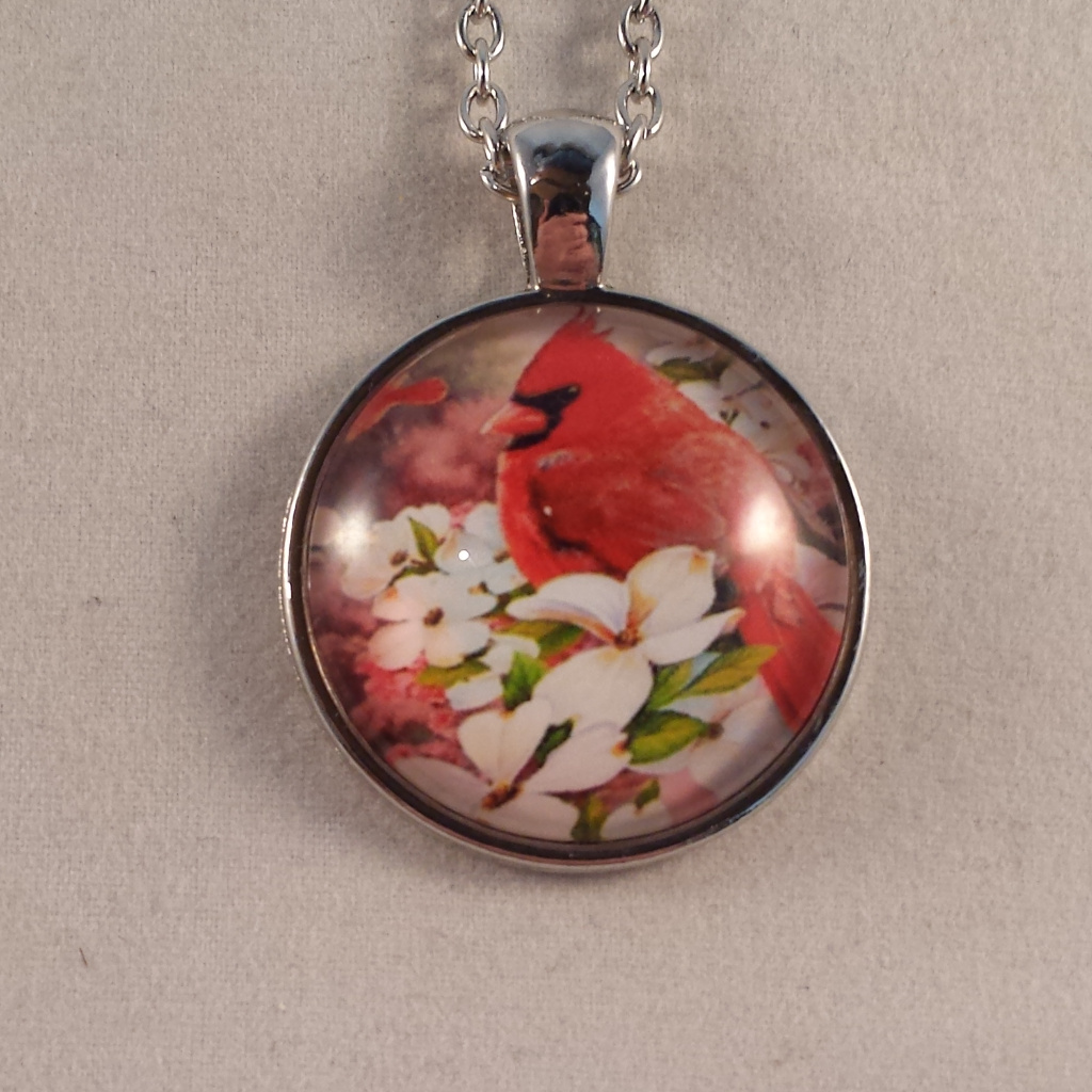 Silver Cardinal Bird Cabochon Pendant Necklace